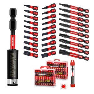 geinxurn 30 pieces (t7-t40) impact screwdriver bit set, magnetic multi-torx head power bits,s2 alloy steel star bits with 1 pc impact bit holder and storage m-box