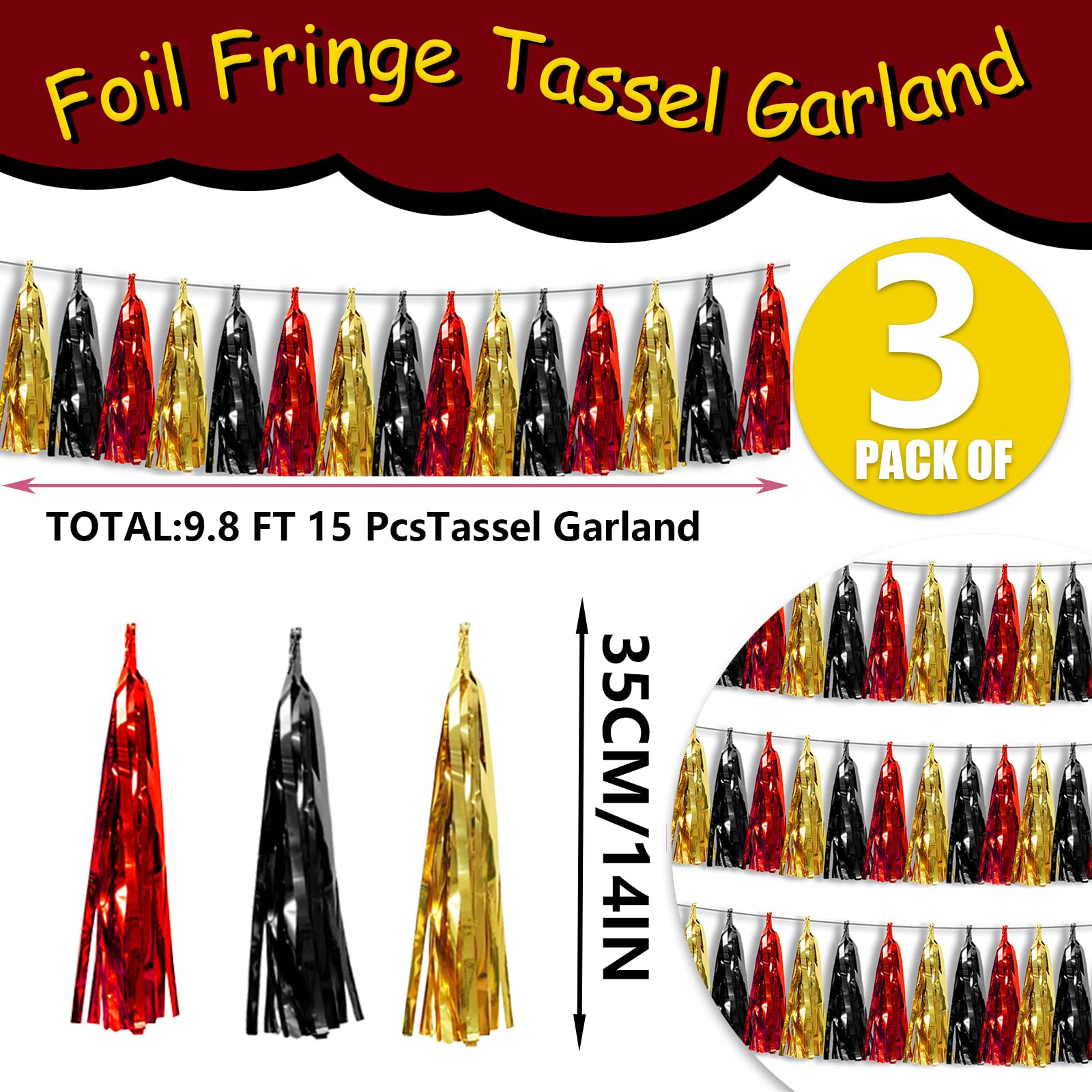 3P Metallic Fringe Banner Garland Foil Tinsel Streamer Wall Hanging Curtain Backdrop Banners for Parade Floats Graduation Decorations, Baby Bridal Shower Party Decoration(Red-Black Gold)