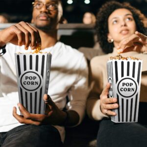 Novelty Place 12 Pcs Classic Popcorn Boxes, 46 oz Black and White Striped Cardboard Paper Popcorn Container for Movie Night Party - 7.8" Tall x 3.9" Square