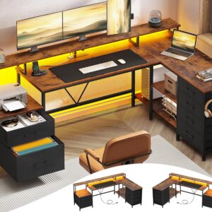 UPOSOJA L Shaped Gaming Desk with Power Outlet, 78" Reversible Corner Computer Desk with File Drawers & LED Strip, Home Office Desk with Storage Shelves Monitor Shelf CPU Stand Mouse Pad Brown