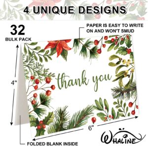 Whaline 32 Packs Christmas Thank You Greeting Cards Watercolor Holly Berry Blank Note Cards with Envelopes and Stickers for Xmas Winter Wedding, 4 x 6 Inch