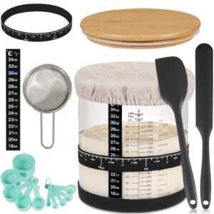 large sourdough starter jar 66 oz,sourdough starter kit wide mouth with ounce&ml scale line,date marked feeding band, thermometer, sourdough jar scraper, cloth cover & bamboo wood lid (black-66oz/2l)