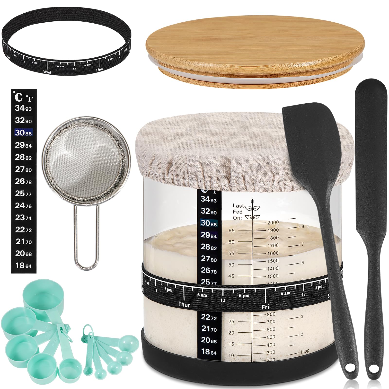 Large Sourdough Starter Jar 66 oz,Sourdough Starter Kit Wide Mouth with Ounce&ML Scale Line,Date Marked Feeding Band, Thermometer, Sourdough Jar Scraper, Cloth Cover & Bamboo Wood Lid (BLACK-66OZ/2L)