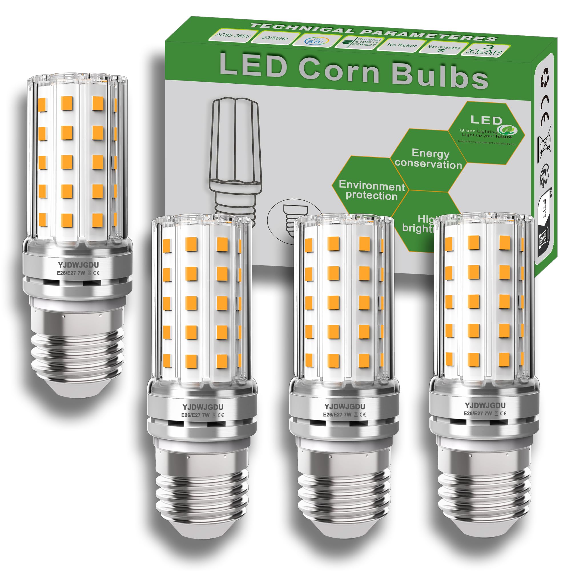 YJDWJGDU LED Corn Light Bulb E26/E27 Base 80W Equivalent 900 Lumen 3000K Warm White 7W Non-dimmable LED Corn Bulbs Pack of 4