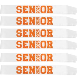 6Pcs White Senior 2025 Satin Sashes with Orange Glitter Letters- 2025 Graduation Celebrations Sashes - Senior Cheer Sash - Cheerleader Sash - Class Competition Sashes