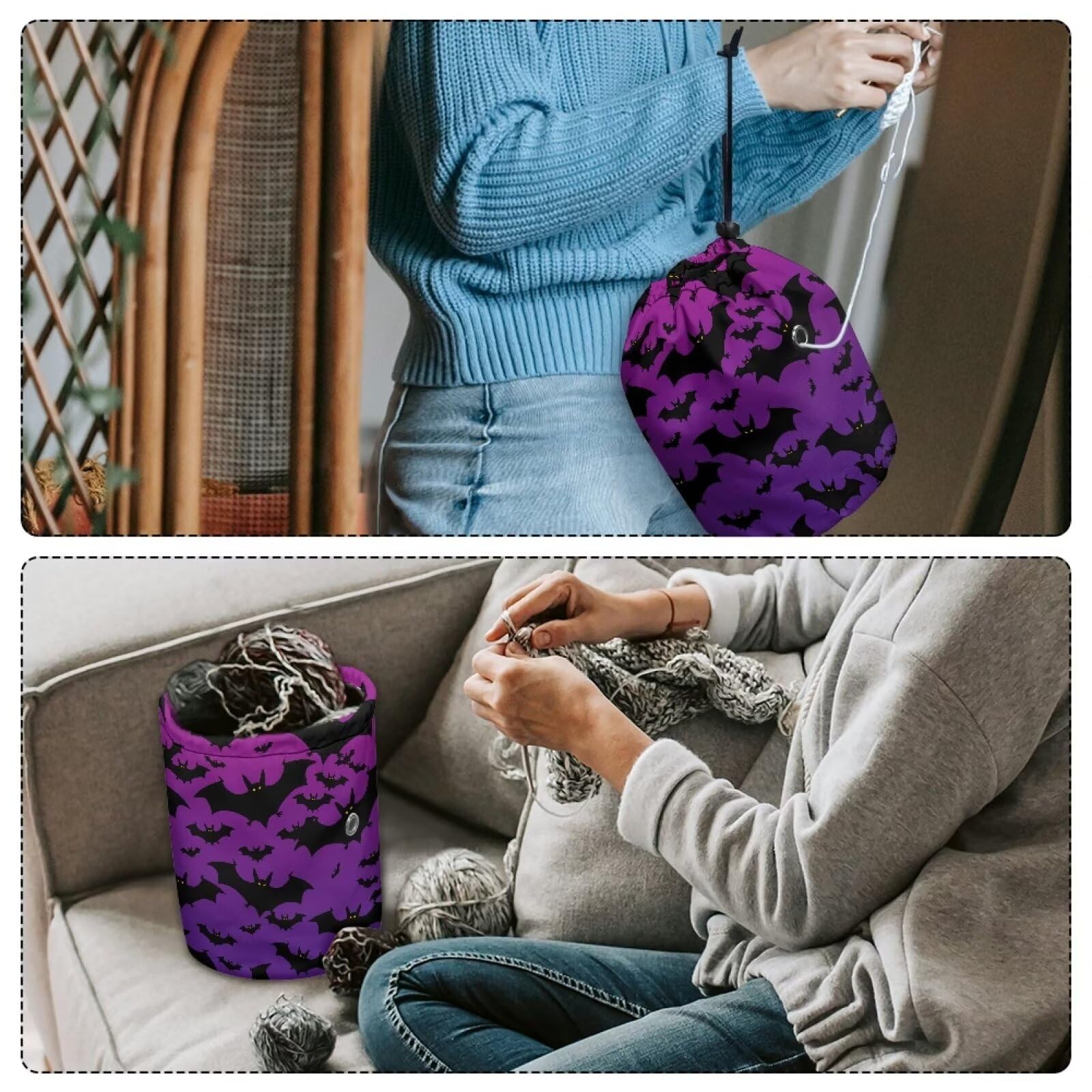 Sellikakes Halloween Purple Bat Small Yarn Storage Bag, Mini Knitting Bag Yarns Drum Case for Carry Yarn Ball, Crochet Kits, Knitting Supplies and Sewing Accessories,