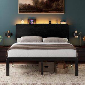 einhomn queen size metal bed frame with led lights & charging station, ergonomic platform bed with wooden storage headboard, heavy-duty metal base, 12" underbed storage, no box spring needed, black