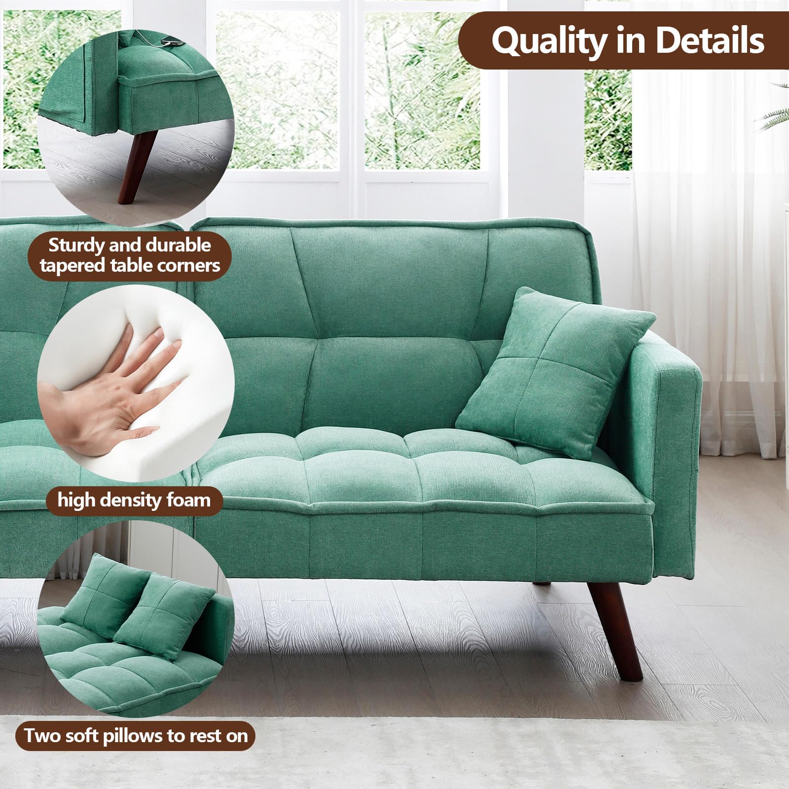 mr.waiba 75" Sofa Bed Adjustable Sleeper Sofa, Small Sofa with USB Charging Port for Living Rooms/Small and Medium-Sized Spaces, Chenille Fabric, Lazy Lounge Sofa Apartment Sofa Bed(Green)