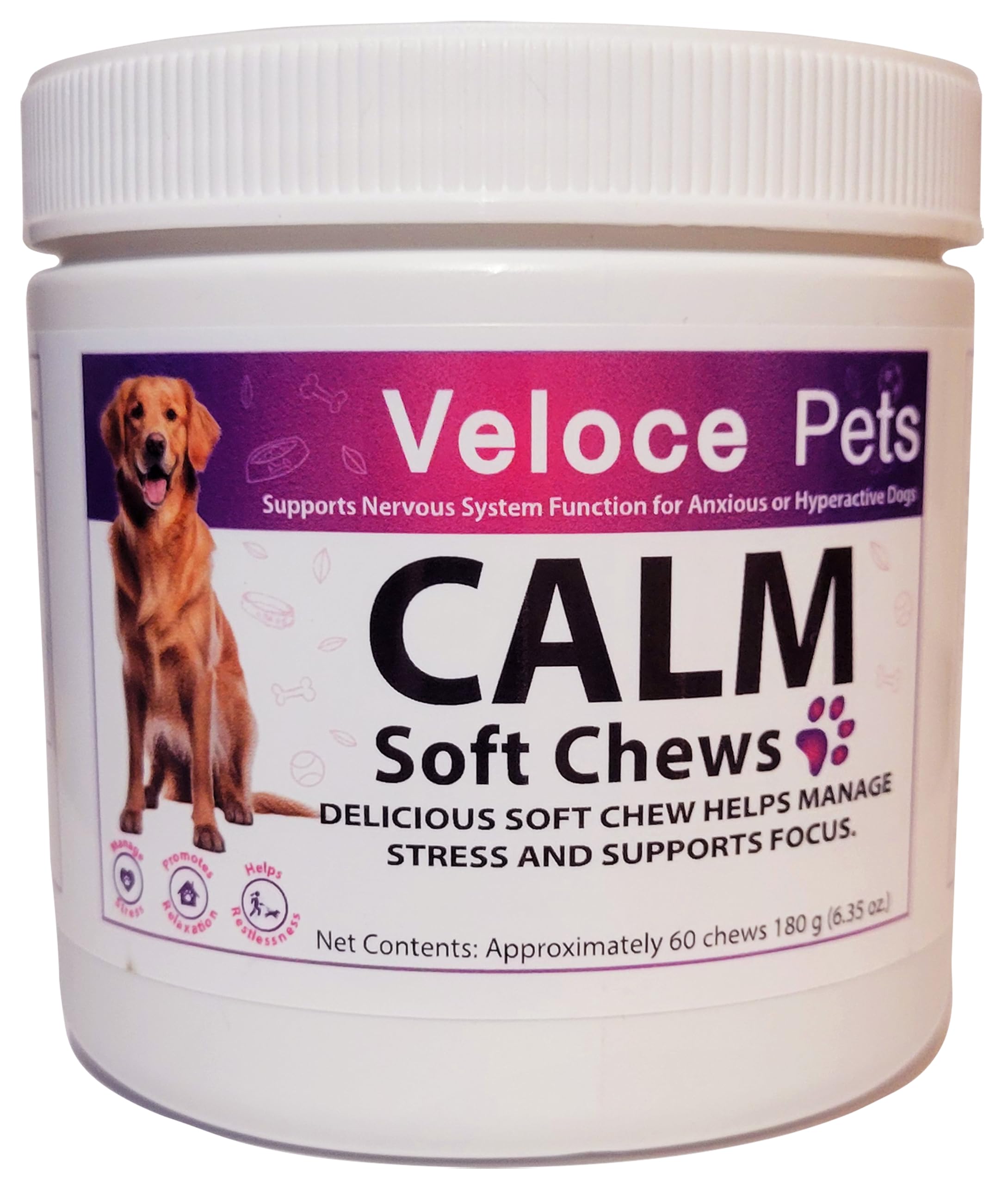 Veloce Pets Calming Chews for Dogs Anxiety- Separation Anxiety Relief Treats for Dogs with Inositol, Taurine & Theanine Relief for Fireworks, Travel and Thunderstorms 60 Count