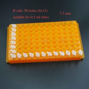 LSVERDE 1 Pcs Microcentrifuge Tube Rack for 0.5ml-2ml Centrifugal Pipe, Lab Test Tubes Rack Holder, Double-Sided 96 Holes Plate with Hole Diameter 7.5mm and 11mm (Orange)