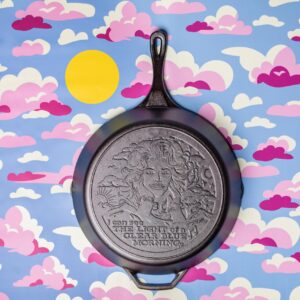 Lodge 13.25 Inch Dolly Parton Pre-Seasoned Cast Iron Stamped Skillet - Signature Teardrop Handle - Use in the Oven, on the Stove, on the Grill, or Over a Campfire - Clear Blue Morning