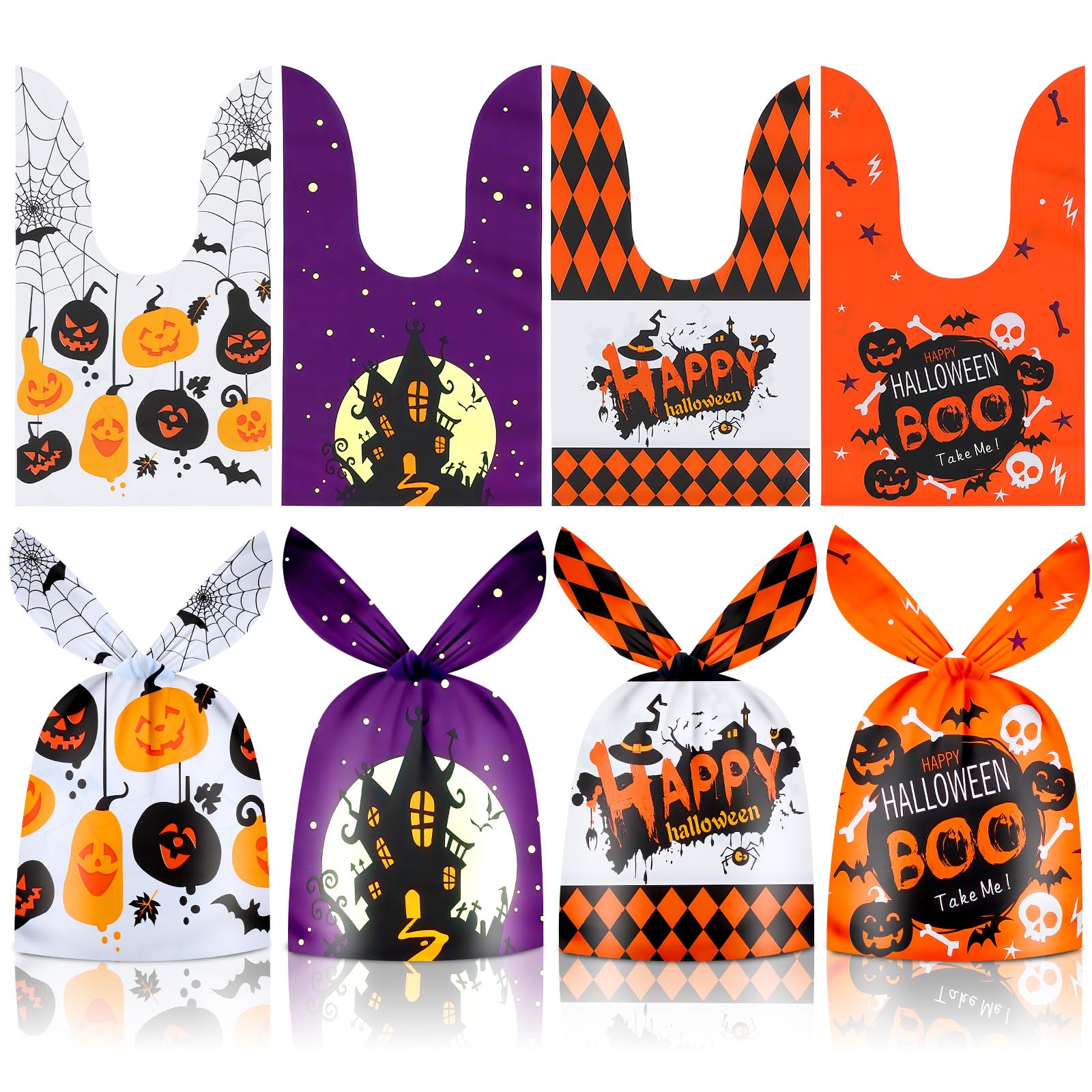 50 Pack Halloween Goodie Bags - Plastic Halloween Treat Bags, Happy Halloween Goody Bag, Trick or Treat Rabbit Ear Candy Treat Snack Cookie Gift Favor Bags for Kids Halloween Party Supplies Favors