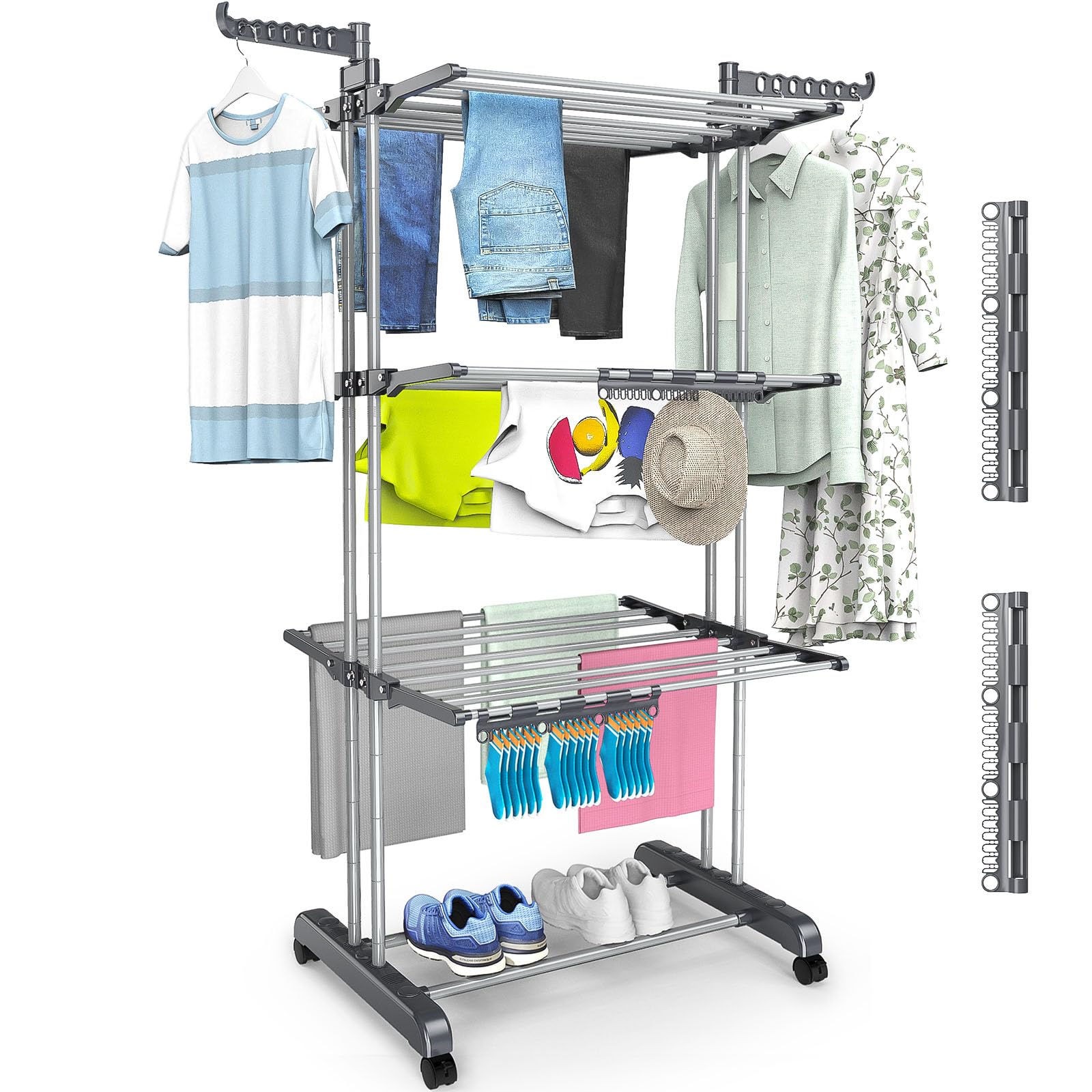 4 Tier Clothes Drying Rack Oversized, Foldable& Adjustable Height Rolling Clothes Rack Stainless Steel with 4 Castor, 24 Drying Poles,14 Hook& 2 Sock Clippers, Drying Rack Clothing for Indoor& Outdoor