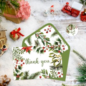 Whaline 32 Packs Christmas Thank You Greeting Cards Watercolor Holly Berry Blank Note Cards with Envelopes and Stickers for Xmas Winter Wedding, 4 x 6 Inch