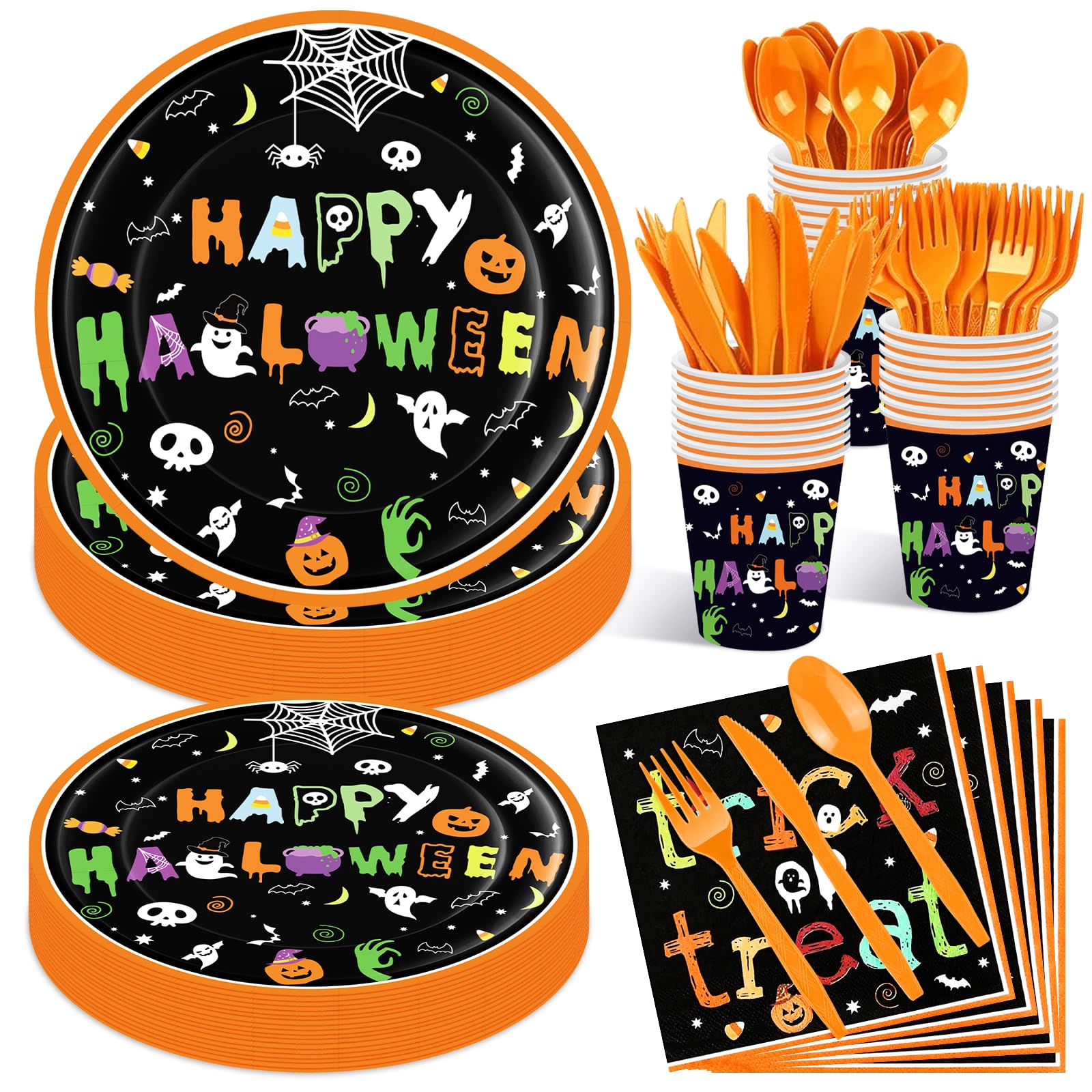 Jremreo 175 Pcs Halloween Tableware Party Supplies Set - Serves 25, Spooky Happy Halloween Disposable Dinnerware, Includes Plates, Cups, Napkins, Forks, Spoons, Knives for Trick or Treat Favors