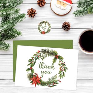 Whaline 32 Packs Christmas Thank You Greeting Cards Watercolor Holly Berry Blank Note Cards with Envelopes and Stickers for Xmas Winter Wedding, 4 x 6 Inch