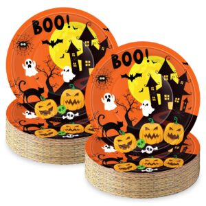 jremreo 50 pcs 9-inch halloween paper plates - spooky haunted house party supplies set, disposable tableware with ghost, pumpkin, and bat designs for candy, snack, dessert, trick or treat decorations