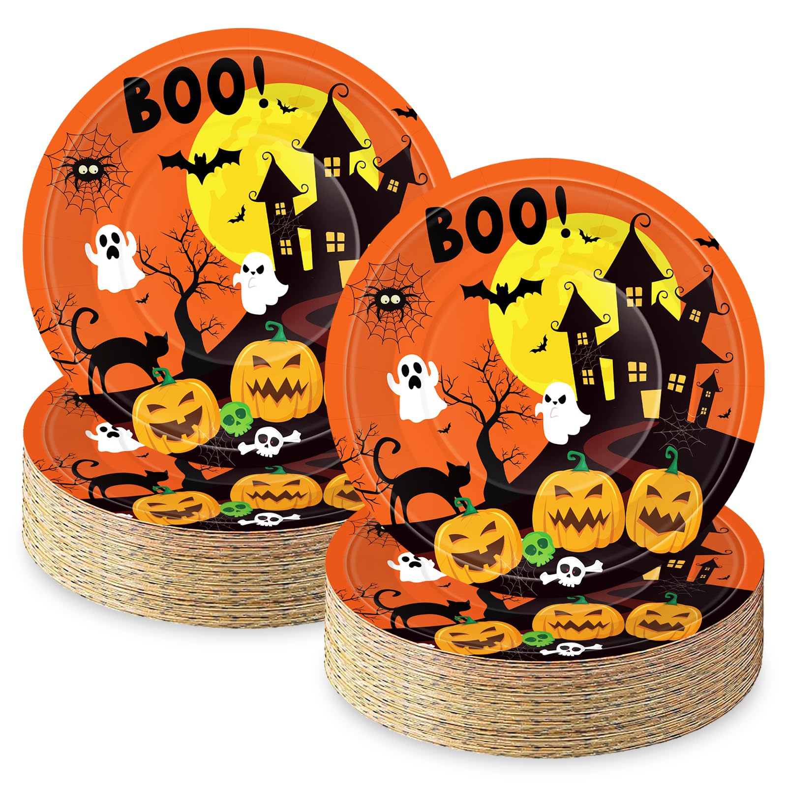 Jremreo 50 Pcs 9-Inch Halloween Paper Plates - Spooky Haunted House Party Supplies Set, Disposable Tableware with Ghost, Pumpkin, and Bat Designs for Candy, Snack, Dessert, Trick or Treat Decorations