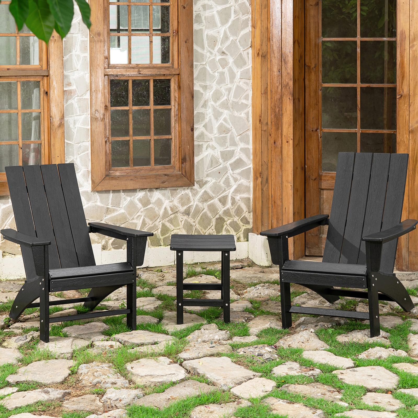 Adirondack Chairs Set of 2 with Side Table HDPE Outdoor Adirondack Chair All Weather Resistant Fire Pit Chairs for Patio Front Porch Pool Garden Deck Fire Pit Outside, Black