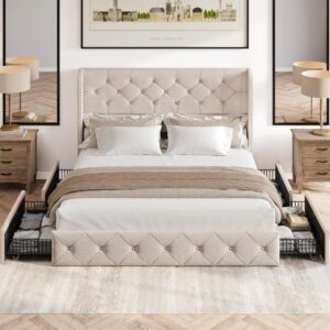 breltam queen size bed frame with storage drawers and wingback headboard, linen upholstered platform bed frame tufted beds with wood slats, no box spring needed, beige