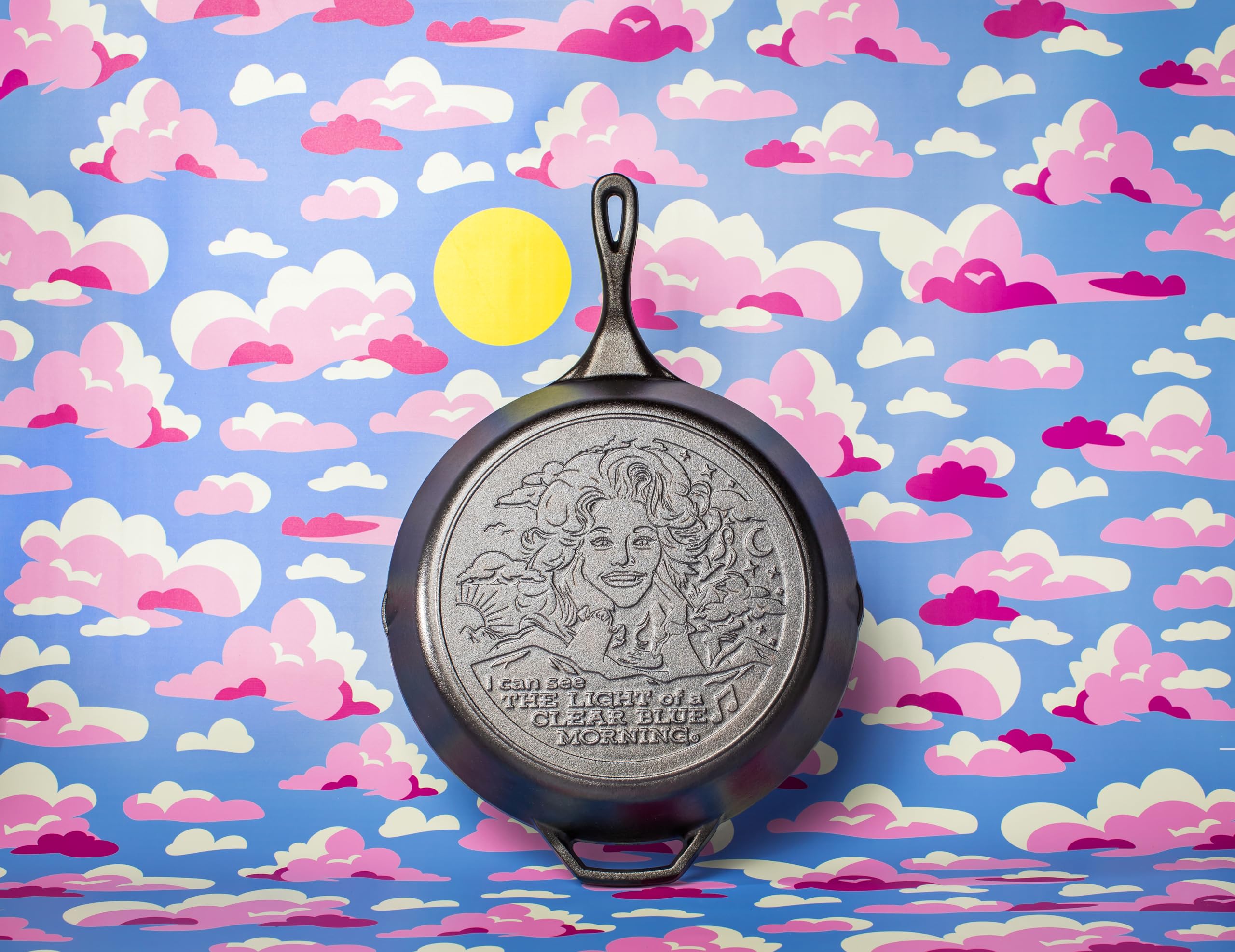 Lodge 13.25 Inch Dolly Parton Pre-Seasoned Cast Iron Stamped Skillet - Signature Teardrop Handle - Use in the Oven, on the Stove, on the Grill, or Over a Campfire - Clear Blue Morning