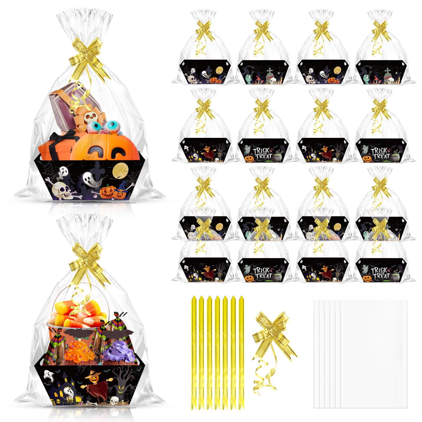 CIEOVO 24 Set Halloween Party Baskets for Gifts Empty with Cellophane Basket Bags Bows, Happy Halloween Market Tray Cardboard Basket to Fill for Halloween Trick or Treat Party Decor