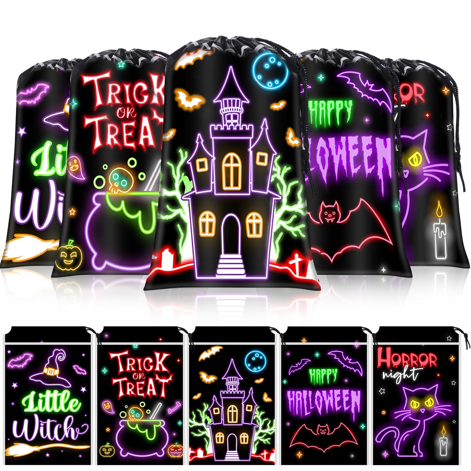 Blosssound 72 Pcs Halloween Drawstring Treat Bags Black Neon Candy Bags Trick or Treat Goody Bags Halloween Shining Plastic Goodie Gift Bags for Halloween Party Favors