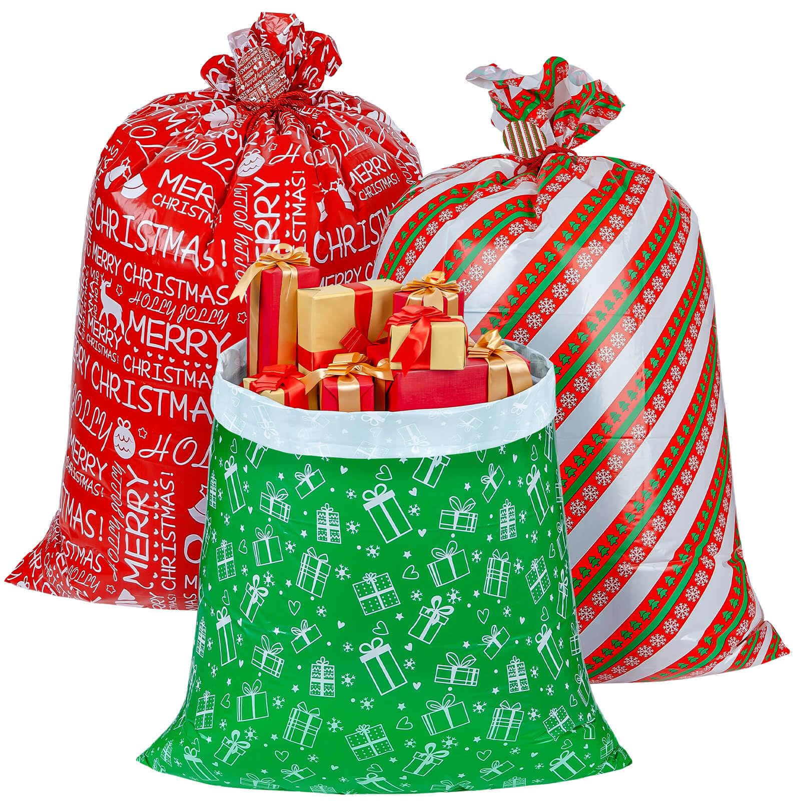 CubesLand Large Christmas Gift Bags,3 Jumbo Christmas Plastic Gift Bags,Huge Gifts Bags for Presents,Christmas Bags for Gifts Giant,Christmas Holiday Gift Wrap with Tag & Tie,Extra Large/Big/Medium