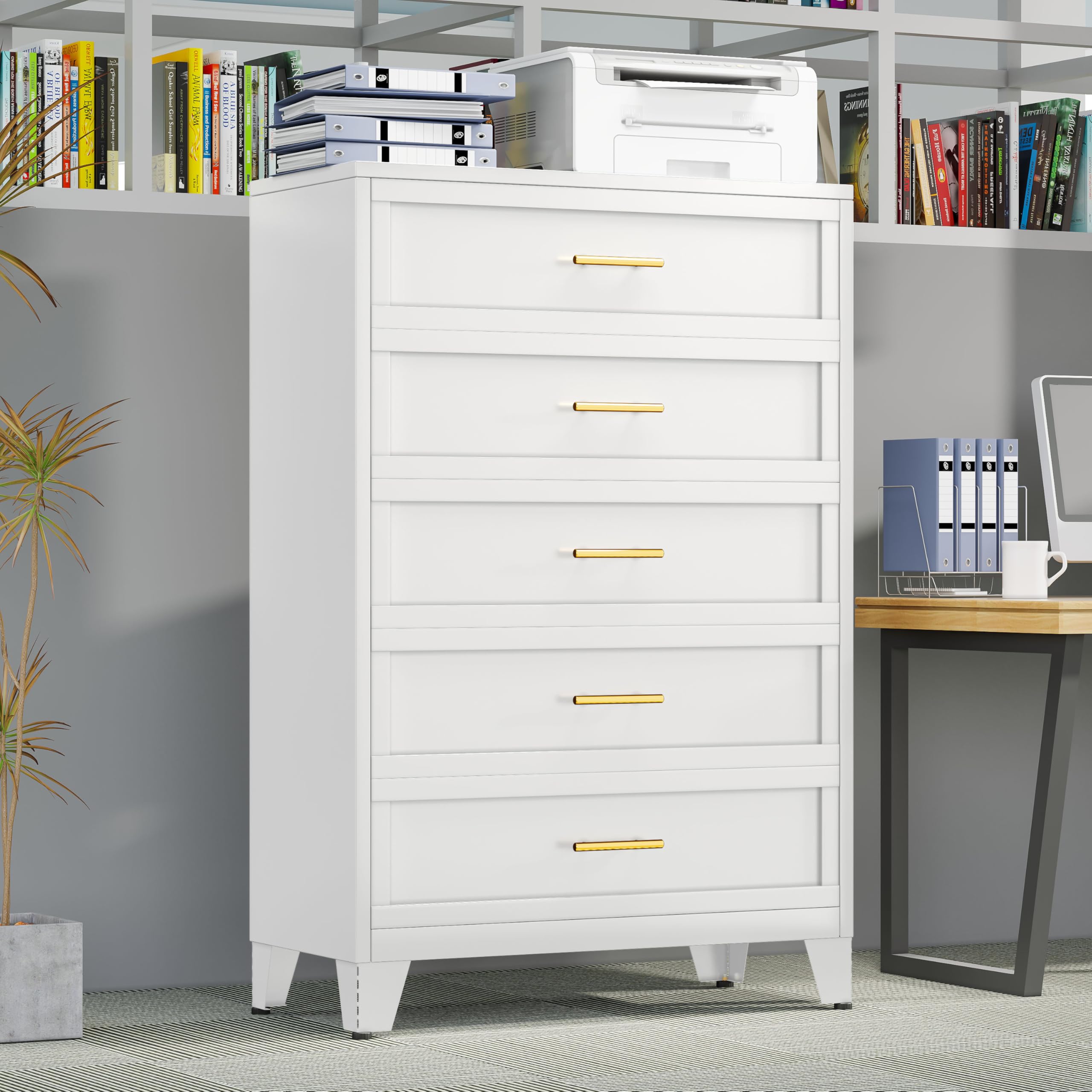 pozdeg 5 Drawers Dresser for Bedroom, 53.5" H Tall Metal Storage Organizer Drawer Chest with Large Capacity, Office Home Multi-Functional Accent Cabinet for Bedroom Hallway Closet