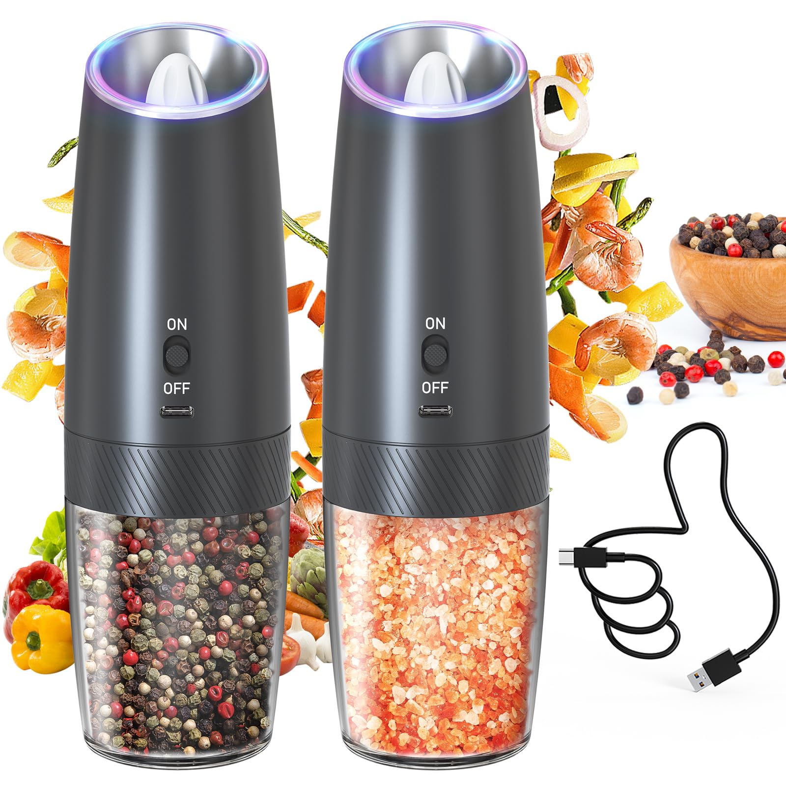 CIRCLE JOY Gravity Electric Salt and Pepper Grinder Set Rechargeable Salt and Pepper Grinder Set with LED Light, No Battery Needed, Adjustable Coarseness, Washable 135ml Container, Black