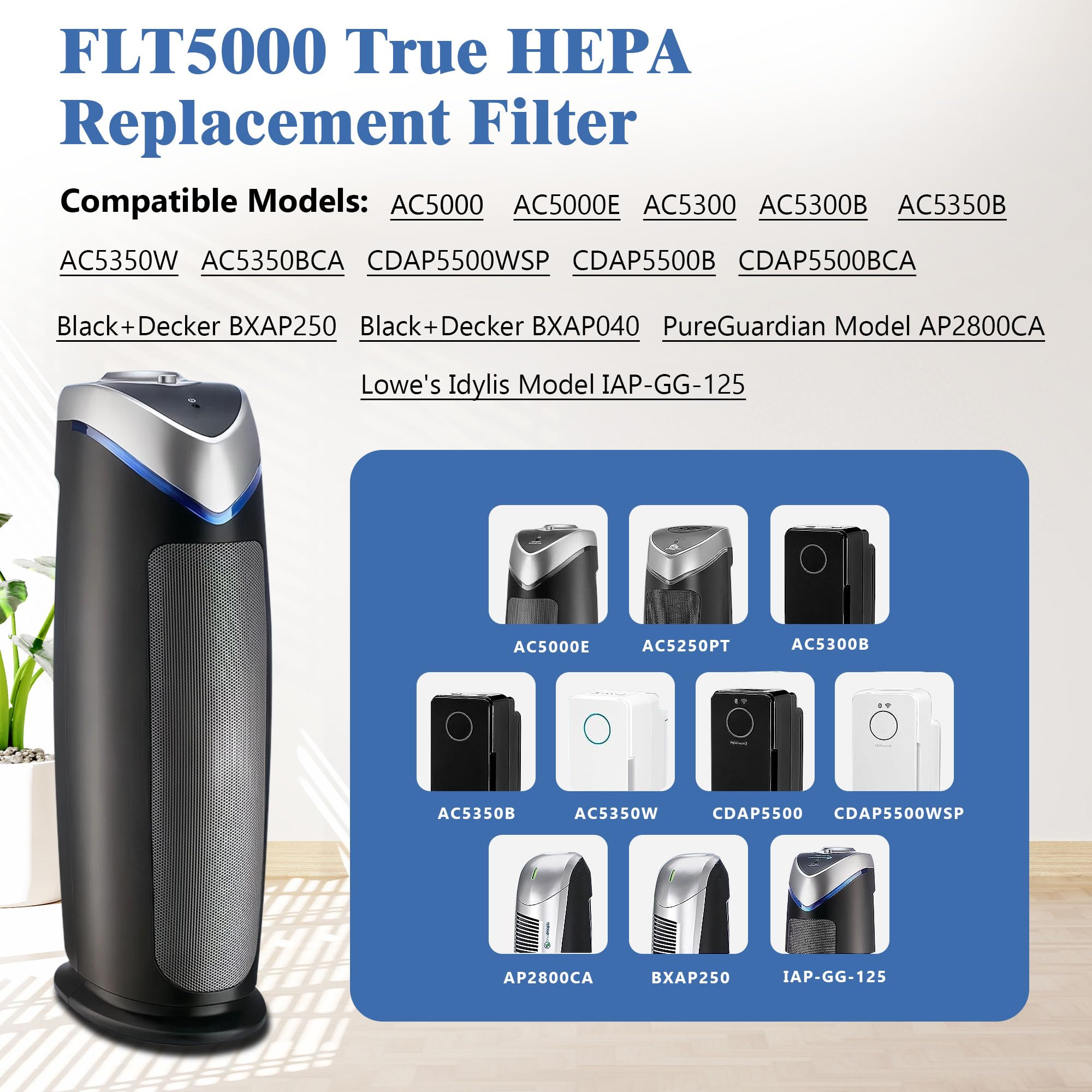 6 Packs FLT5000 Plastic Frame True HEPA Filter C Replacement Compatible with AC5000 AC5000E AC5250PT AC5350B AC5350BCA AC5350W AC5300B with 6 Packs Activated Carbon Pre-Filters