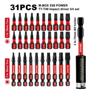 Geinxurn 30 Pieces (T7-T40) Impact Screwdriver Bit Set, Magnetic Multi-Torx Head Power Bits,S2 Alloy Steel Star Bits with 1 Pc Impact Bit Holder and Storage M-Box