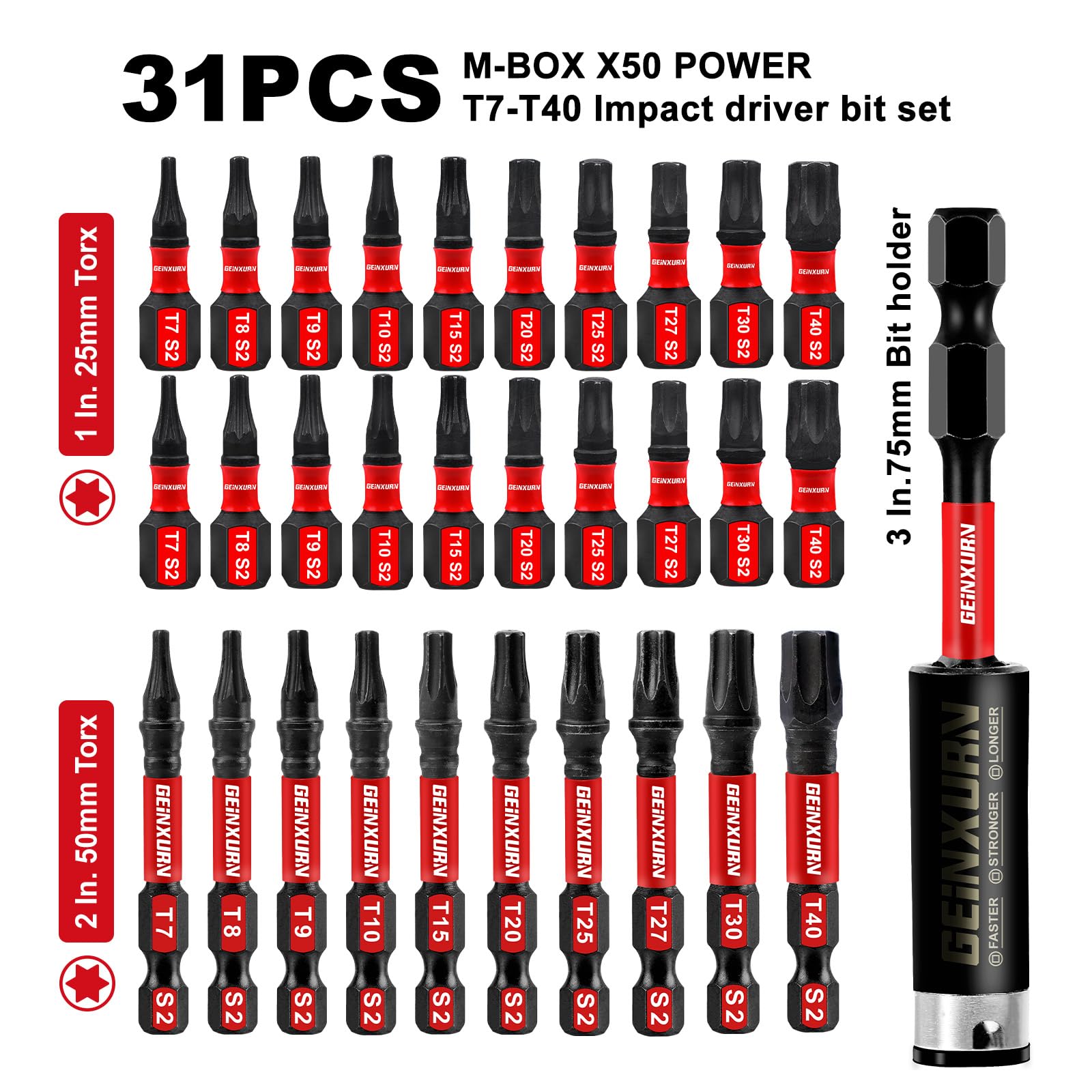 Geinxurn 30 Pieces (T7-T40) Impact Screwdriver Bit Set, Magnetic Multi-Torx Head Power Bits,S2 Alloy Steel Star Bits with 1 Pc Impact Bit Holder and Storage M-Box