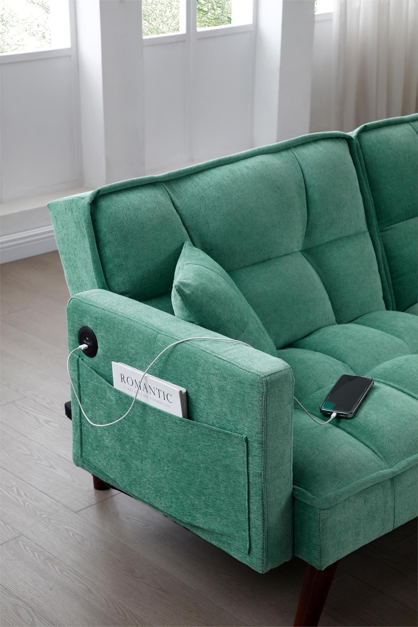 mr.waiba 75" Sofa Bed Adjustable Sleeper Sofa, Small Sofa with USB Charging Port for Living Rooms/Small and Medium-Sized Spaces, Chenille Fabric, Lazy Lounge Sofa Apartment Sofa Bed(Green)