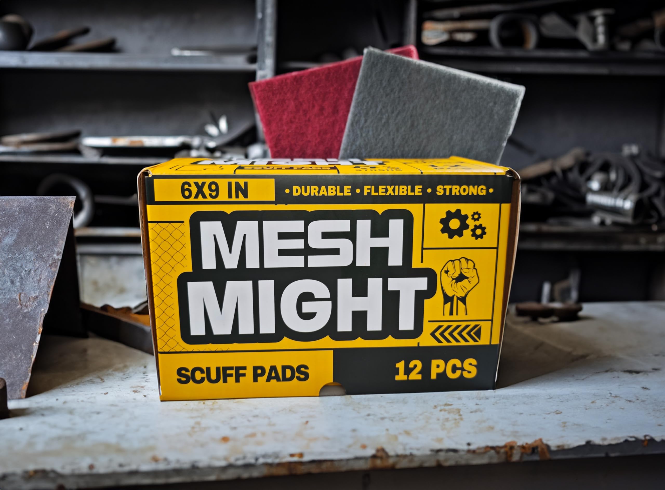 MeshMight 6" x 9" Non-Woven Scuff Pads, Scouring Pad, Box of 12: 6 Fine Grade Maroon Color, 6 Extra Fine Grade Grey Color; Aluminum Oxide Abrasive, Extra Durable and Thick, for Perfect Surface Finish