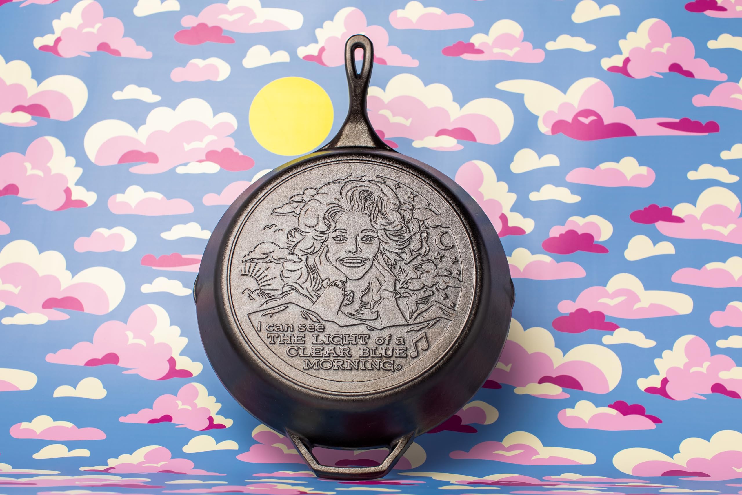 Lodge 13.25 Inch Dolly Parton Pre-Seasoned Cast Iron Stamped Skillet - Signature Teardrop Handle - Use in the Oven, on the Stove, on the Grill, or Over a Campfire - Clear Blue Morning