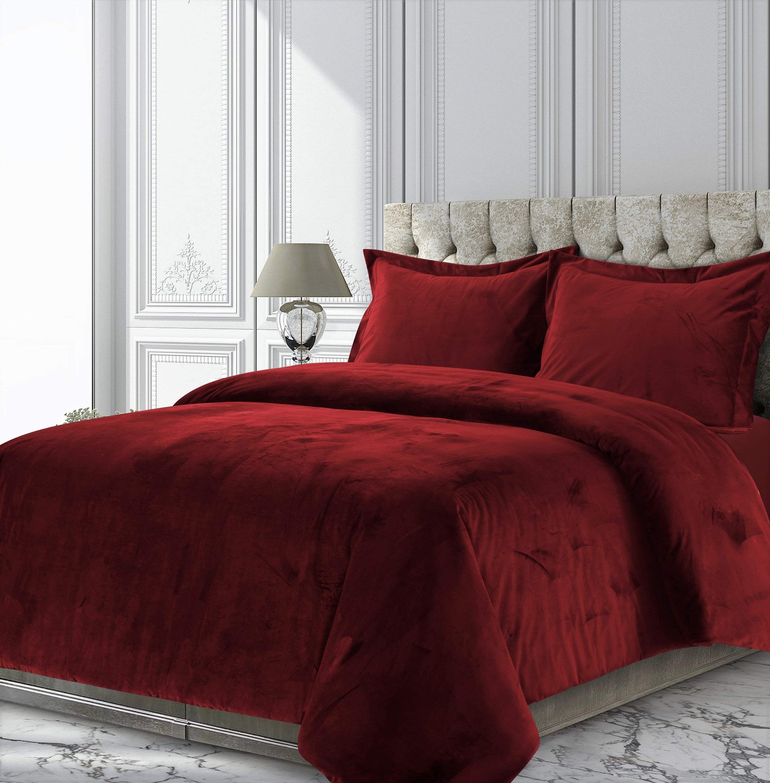 Opulence Bedding 3Pcs Velvet Lush Duvet Cover Set (1 Duvet Cover + 2 Pillowcases) Complete Bedding Set (Cal-King, Burgundy)