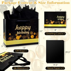 【1 Set】13" Birthday Gift Bag with Birthday Card, Black Gift Bags with Handles, Gift Bags Medium Size with Tissue Paper,Gift Bags Bulk,Birthday Gift Bags Bulk for Men,Kids,Christmas,Party,Thanksgiving