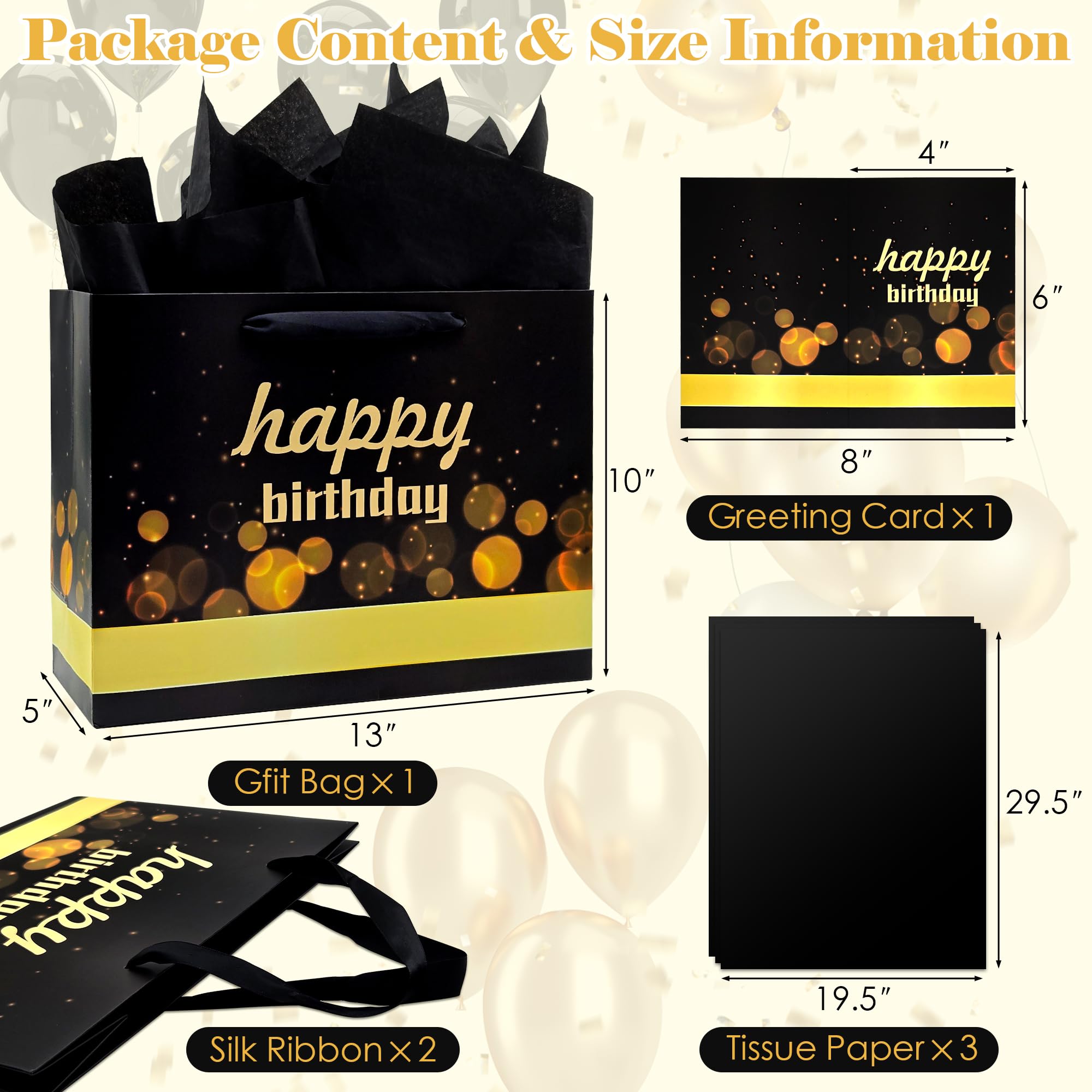 【1 Set】13" Birthday Gift Bag with Birthday Card, Black Gift Bags with Handles, Gift Bags Medium Size with Tissue Paper,Gift Bags Bulk,Birthday Gift Bags Bulk for Men,Kids,Christmas,Party,Thanksgiving