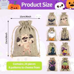 24 Pack Halloween Linen Burlap Bags with Drawstring, 4x6 inches, 8 Spooky Designs for DIY Halloween Party Favors, Small Gift Pouches, Treat Bags, Goodie Bags Bulk for Candies, Treats, and Goodies