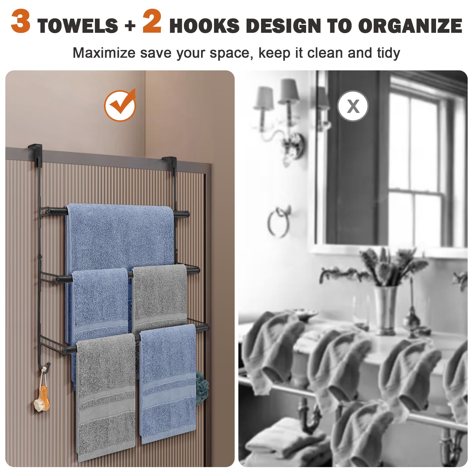 Livabber 3-Tier Over The Door Towel Rack, All Metal Towel Rack with Hooks for Door Hanging, Behind Door Towel Bar Towel Storage Holder for Bathroom Accessories, 19.37" L x 5.9" Wx 24.4" H(Black)