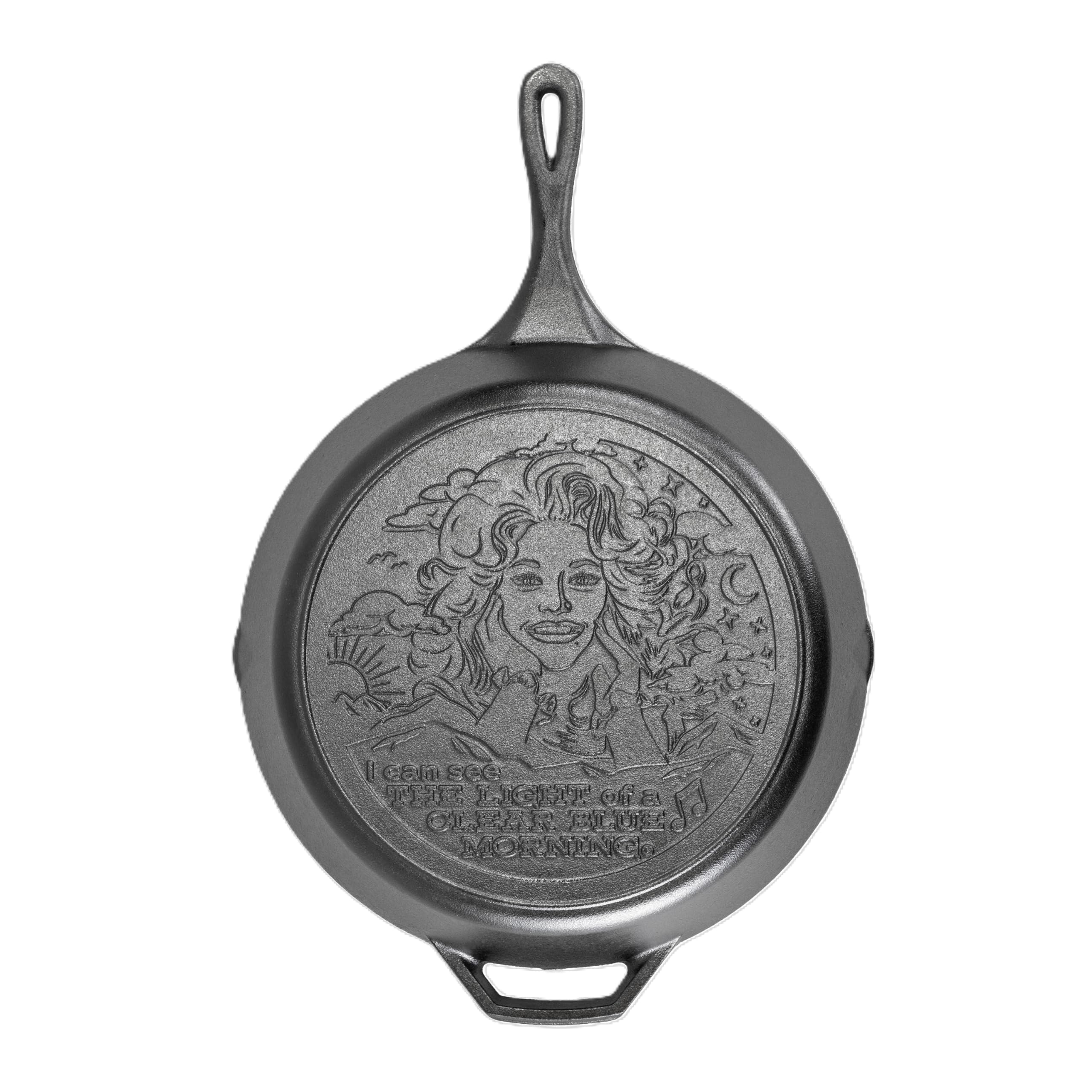 Lodge 13.25 Inch Dolly Parton Pre-Seasoned Cast Iron Stamped Skillet - Signature Teardrop Handle - Use in the Oven, on the Stove, on the Grill, or Over a Campfire - Clear Blue Morning