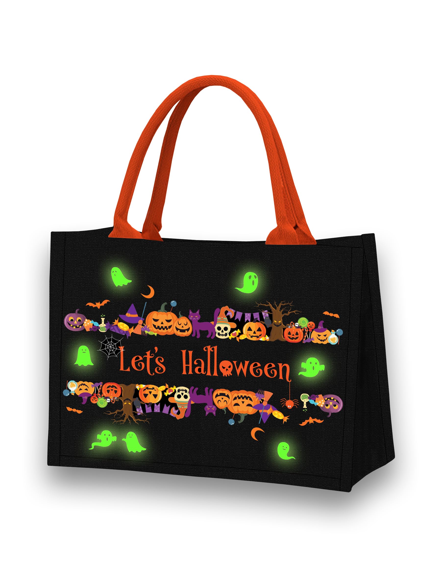 Let's Tote Halloween Canvas Candy Tote Bag With Handle, Ghosts Glow In The Dark, Great Pumpkin Halloween Party Gift. Reusable Bag for Trick or Treat, Candy Bucket. (Large)