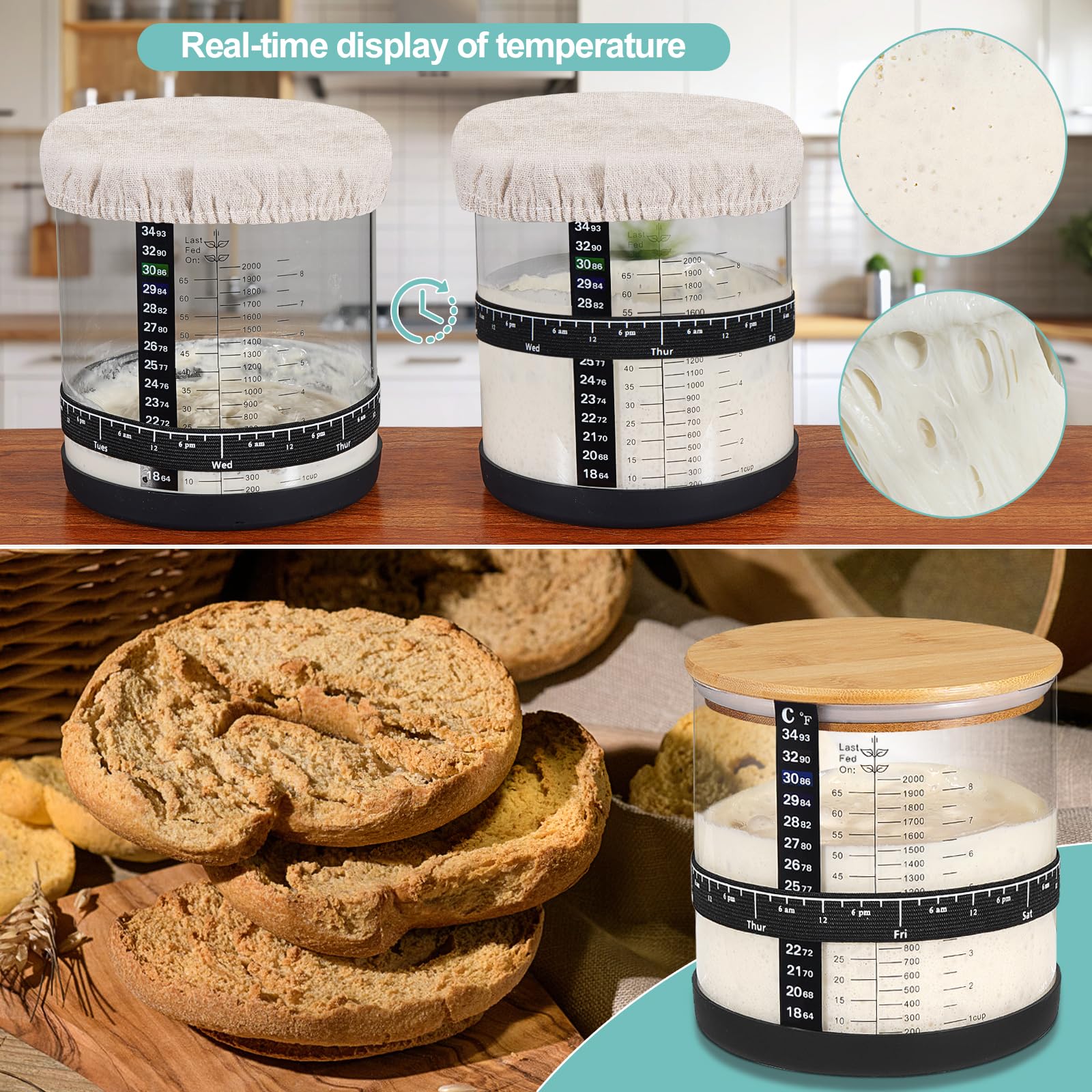 Large Sourdough Starter Jar 66 oz,Sourdough Starter Kit Wide Mouth with Ounce&ML Scale Line,Date Marked Feeding Band, Thermometer, Sourdough Jar Scraper, Cloth Cover & Bamboo Wood Lid (BLACK-66OZ/2L)