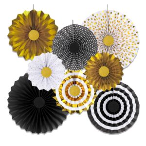 8 pcs black gold party hanging paper fans decorations,round flower paper pompoms fan for photo backdrop halloween graduation birthday wedding party decorations