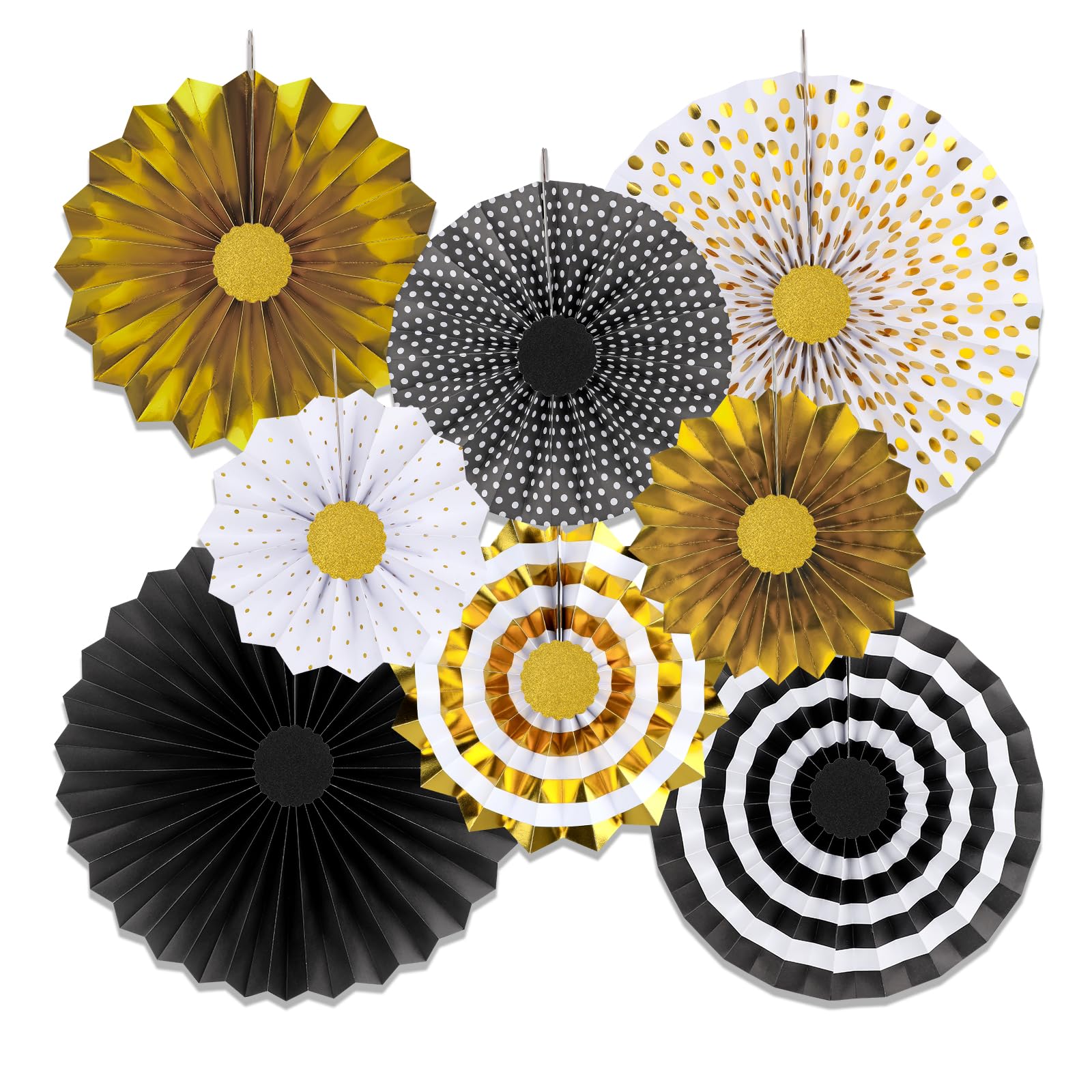 8 PCS Black Gold Party Hanging Paper Fans Decorations,Round Flower Paper Pompoms Fan for Photo Backdrop Halloween Graduation Birthday Wedding Party Decorations