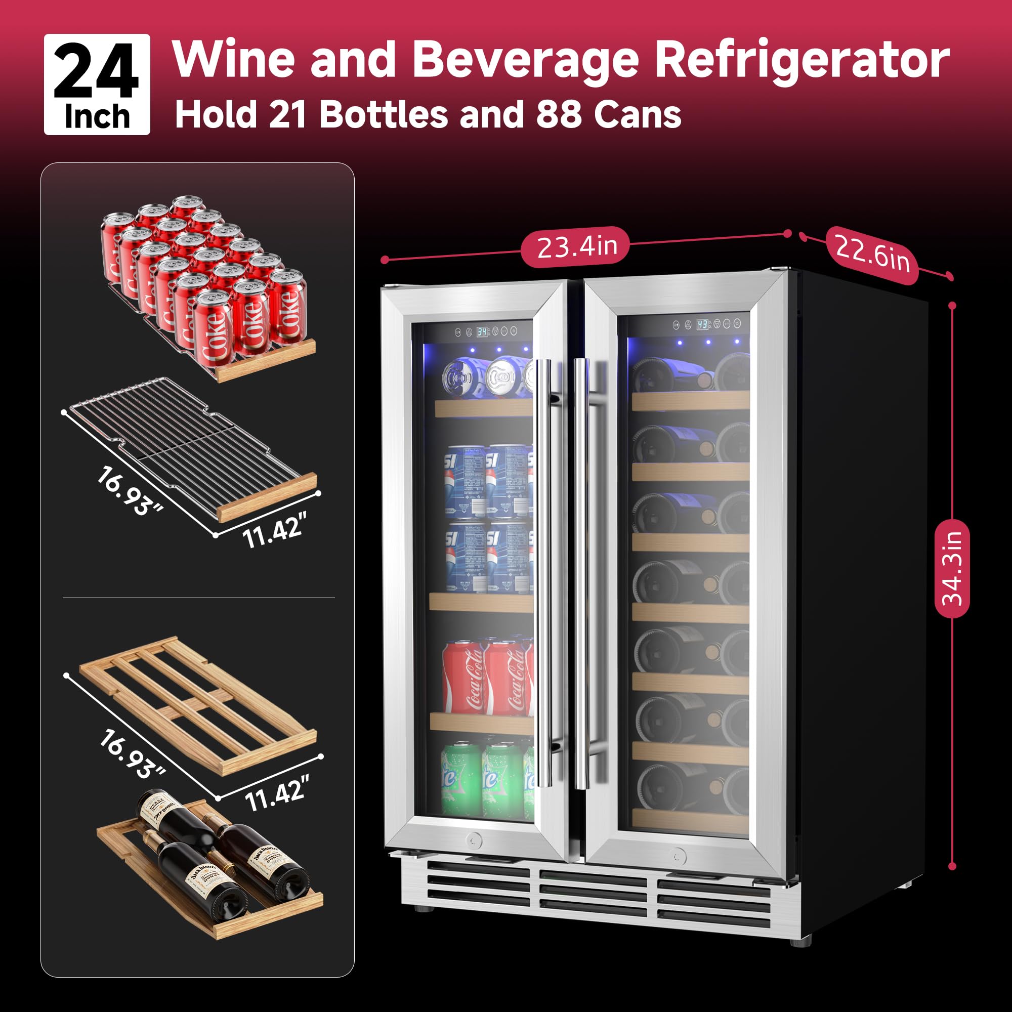 Icyglee 24" Wine and Beverage Refrigerator, Dual Zone Wine Cooler with Glass Door, Hold 88 Cans & 21 Bottles, Built in or Freestanding Under Counter Wine Fridge with Blue LED Light.