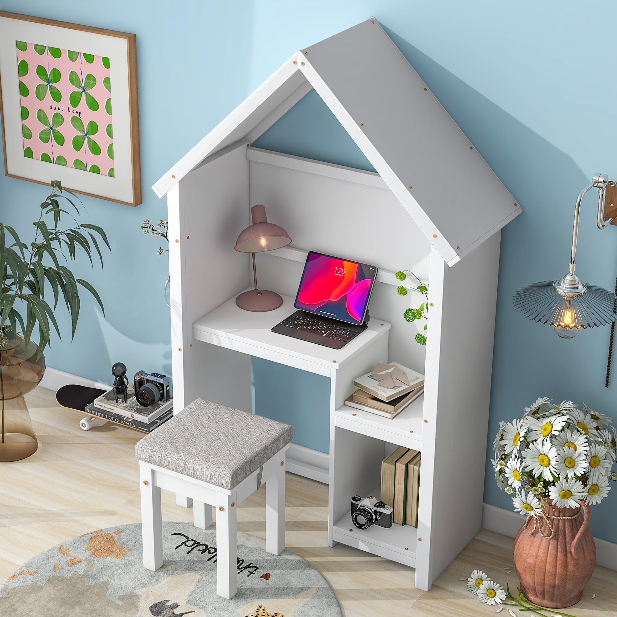 FocusOnHome House-Shaped Kids Desk with A Cushion Stool, House-Style Desk and Stool Set, White