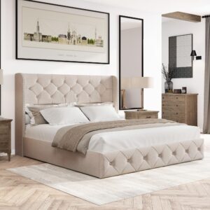 BRELTAM Queen Size Bed Frame with Storage Drawers and Wingback Headboard, Linen Upholstered Platform Bed Frame Tufted Beds with Wood Slats, No Box Spring Needed, Beige