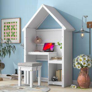 focusonhome house-shaped kids desk with a cushion stool, house-style desk and stool set, white